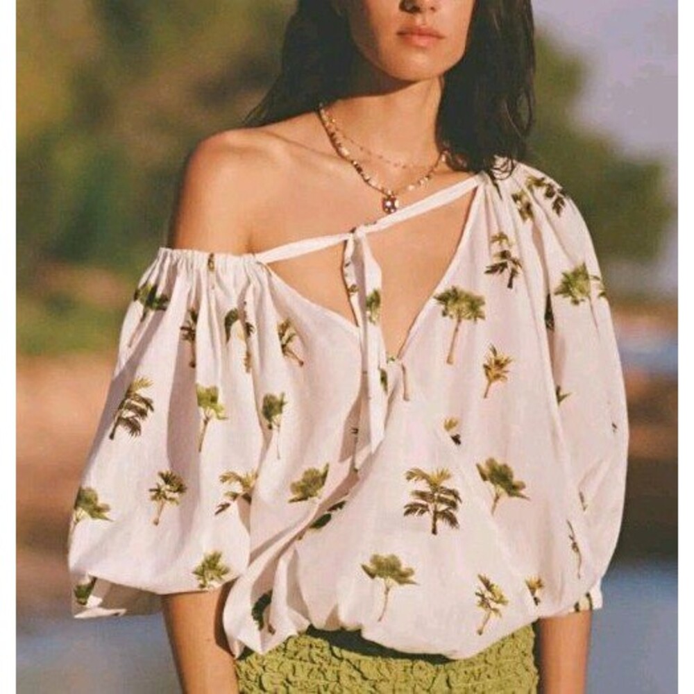 Anthro Celandine Puff Sleeve Bubble Blouse Green Pattern Size M Boho NWT $88